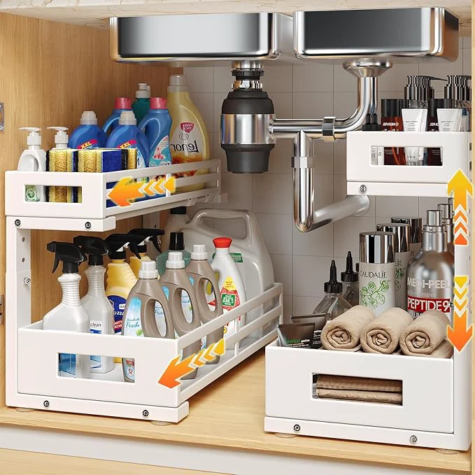 High-Grade 2-Pack 17 Deep Under Sink Organizer And Storage 2-Tier L-Shaped Pull Out Cabinet Organizer with Upgraded Slide Rails Height Adjustable Drawers for Kitchen Bathroom Extra-Large Storage Shelves–WhiteAbout ThisOverview Expertly Made