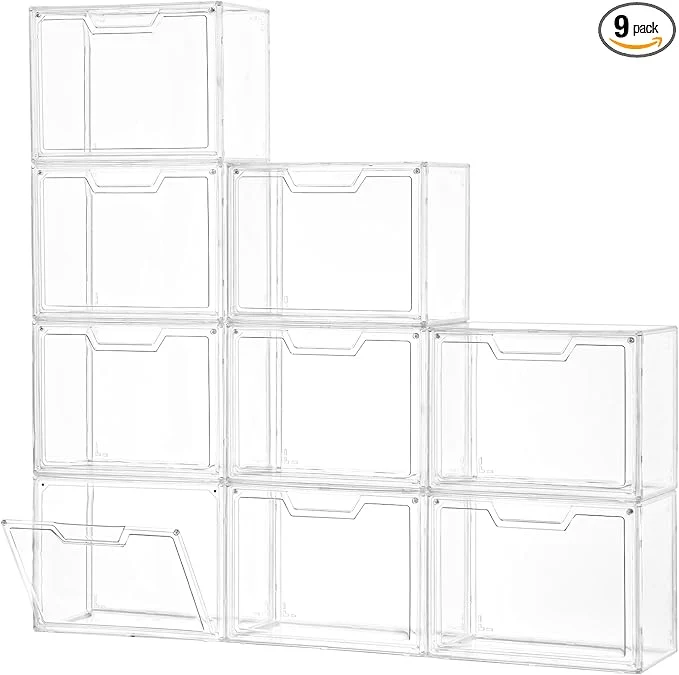 Trendy Stackable Storage Bins Clear Acrylic Display Case 9-Pack Acrylic Boxes with Lids Clear Storage Containers Storage for Handbags Collectibles FiguresAbout ThisOverview Original Design