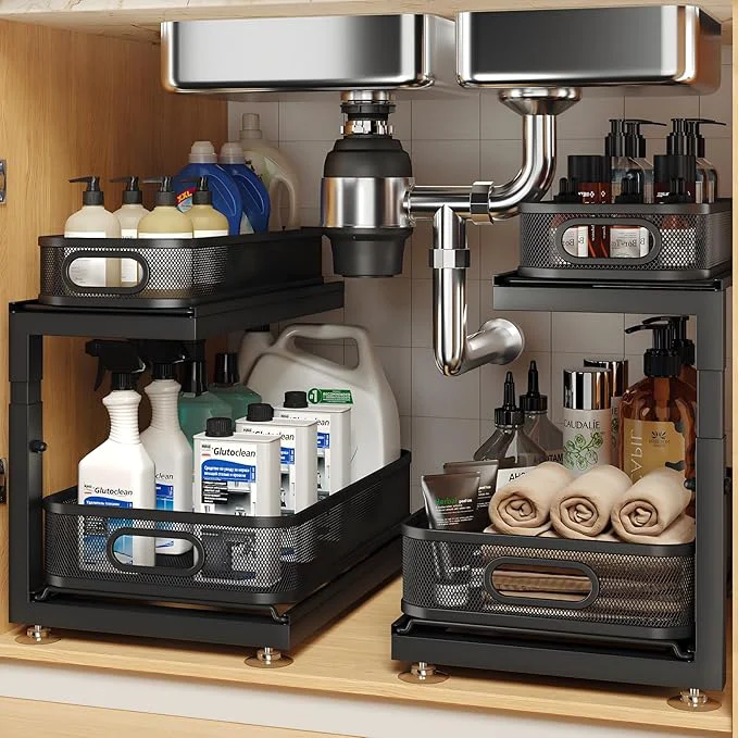 Versatile 2-Pack Under Sink Storage Organizer with 2-Tier Slide Out Drawer Sophisticated Mesh Pull Out Shelf for Kitchen Bathroom Fits Small Items Upgraded Arched Track for Smooth Gliding Patented About ThisOverview Fine Crafted
