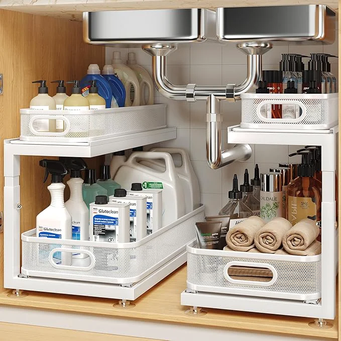 Safe 2-Pack 18.5 IN Depth Under Sink Organizer With Next-Gen Ball-Bearing Slides Sophisticated Mesh 2-Tier Pull Out Shelf for Kitchen Bathroom Fits Small Items-White Patented About ThisOverview Quality