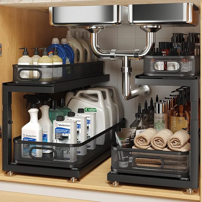 Prestigious 2-Pack 21.3 IN Depth Under Sink Organizer With Next-Gen Ball-Bearing Slides Sophisticated Mesh 2-Tier Pull Out Shelf for Kitchen Bathroom Fits Small Items-BlackAbout ThisOverview Outstanding