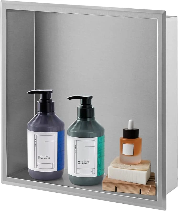 Exclusive 16 ×16 Shower Niche Brushed Stainless Steel Recessed Shower Caddy Bathroom Shelf Insert Fits for 14-3 4 Square Wall Hole Installation Nickel About ThisOverview Innovative
