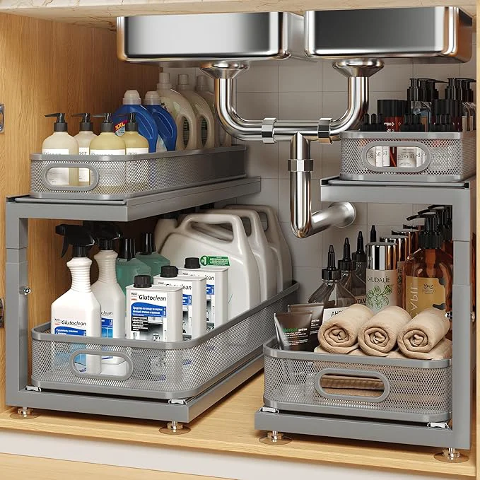 Stylish 2-Pack 21.3 IN Depth Under Sink Organizer With Next-Gen Ball-Bearing Slides Sophisticated Mesh 2-Tier Pull Out Shelf for Kitchen Bathroom Fits Small Items-Gun GrayAbout ThisOverview Specialty