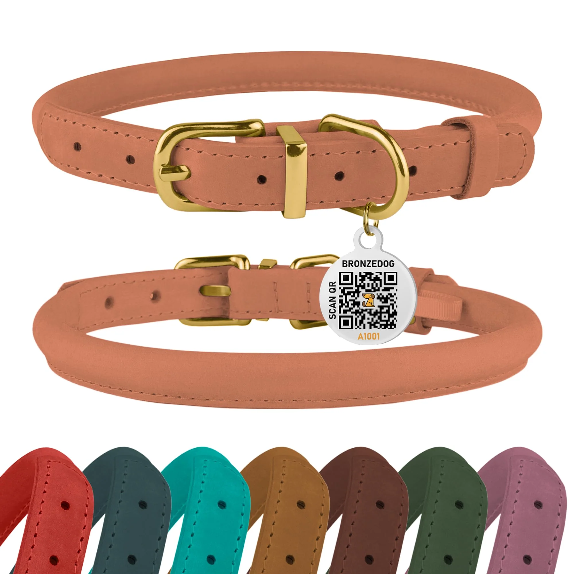 Original BronzeDog Rolled Leather Collar with QR ID Tag – 19–21 in Neck Peach Detailed