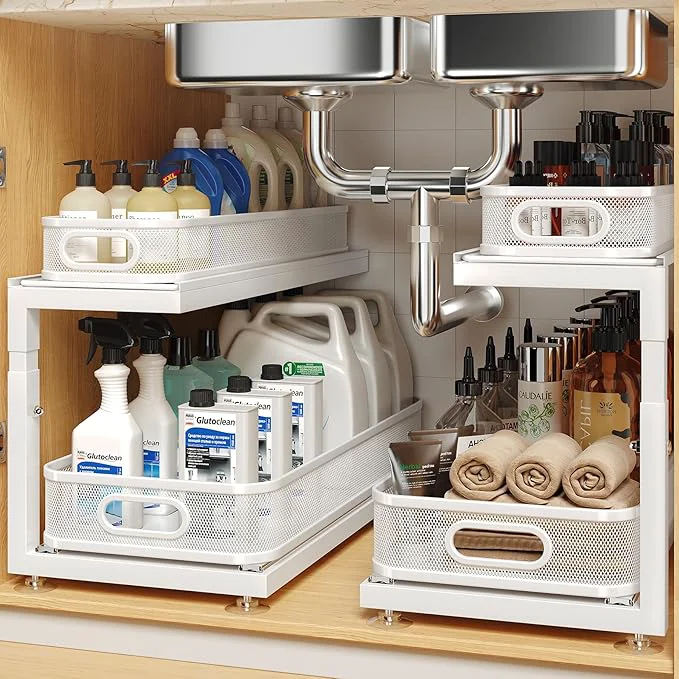 Quality 2-Pack 21.3 IN Depth Under Sink Organizer With Next-Gen Ball-Bearing Slides Sophisticated Mesh 2-Tier Pull Out Shelf for Kitchen Bathroom Fits Small Items-White Patented About ThisOverview Luxury