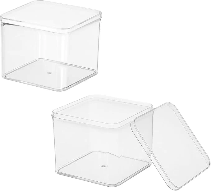 Prestigious Acrylic Box with Lid 3.15 x 3.15 x 2.64 in Acrylic Display Case Plastic Square Cube Container Storage Holder Stackable Bins for Cosmetic Collectible Candy Jewelry 2 Pack Clear About ThisOverview Unique