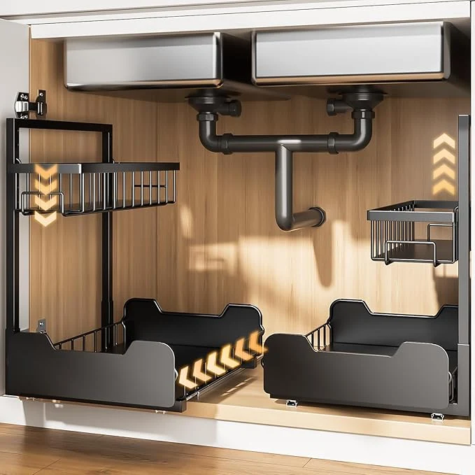 Fast Under Sink Organizer 2-Tier Thickened All-Metal L-Shaped Pull Out Cabinet Organizer Shelf Height Adjustable Slide Out Storage Drawer for Kitchen Bathroom Laundry Black 2-PackAbout ThisOverview Efficient