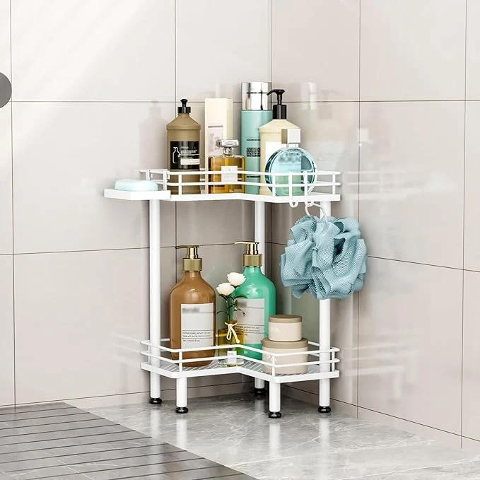 Versatile HapiRm Corner Shower Caddy Standing – 2 Tier Shower Organizer Corner with Soap Holder Rustproof Bathroom Standing Organizer with 2 Hooks WhiteAbout ThisOverview Exclusive