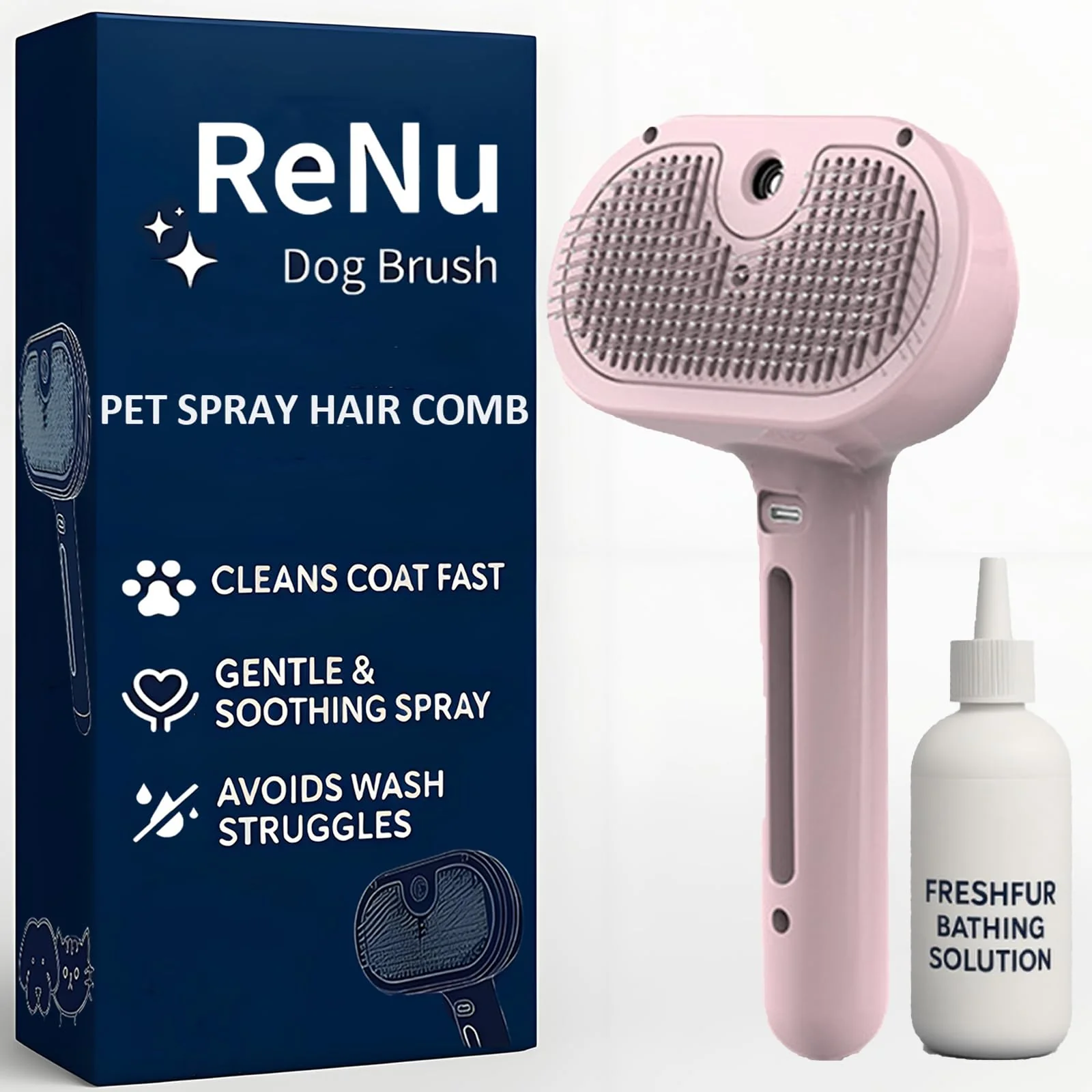 Refined ReNu Dog Brush – Fresh Fur Shower Brush 3-in-1 Self-Cleaning Steamy Grooming Tool Pink Next-Generation