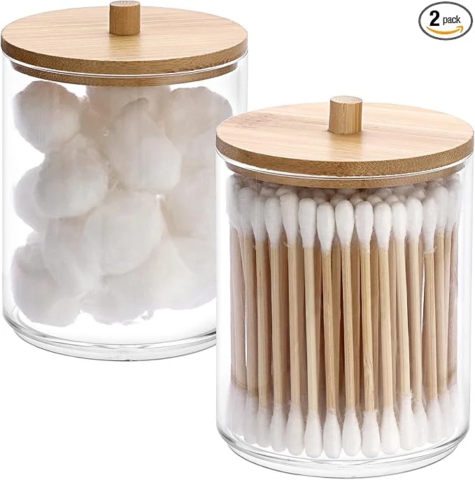 Stylish Hipiwe 2 Packs Acrylic Qtip Holder Clear Bathroom Dispenser with Lid Plastic Bathroom Canisters Round Apothecary Jar Set Cotton Swab and Ball Storage Organizer for Makeup Sponges Bath SaltsAbout ThisOverview Trusted