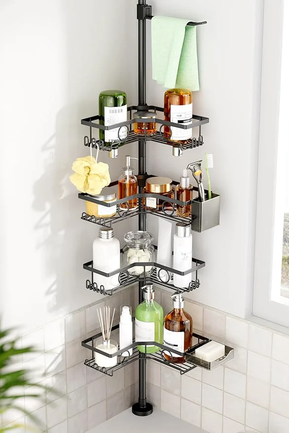 Solid Corner Shower Caddy Tension Pole 4 Tier Rustproof Shower Tension Rod Organizer with Soap Holder Hooks Adjustable 30-121 Inch Bathroom Shelf for Renters – Family Stand Storage Rack BlackAbout ThisOverview Quality
