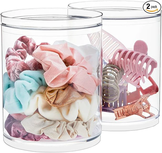 Fast STORi Bella Tall Scrunchie Holder Stackable Clear Plastic Container Set of 2 Round Vanity Storage Organizers with Lids for Hair Accessories Beauty Supplies Made in USAAbout ThisOverview Breathable
