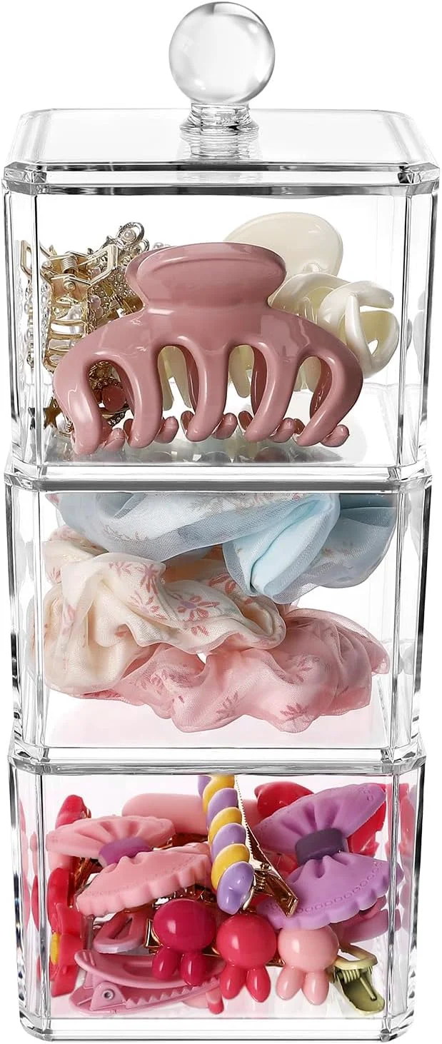 Organic Hair Accessories Organizer for Girls Clear 3 Stackable Acrylic Hair Tie Organizer for Headband Bows Cotton Swab Organization Bathroom Containers Hair Clip Holder Storage with LidsAbout ThisOverview Classic