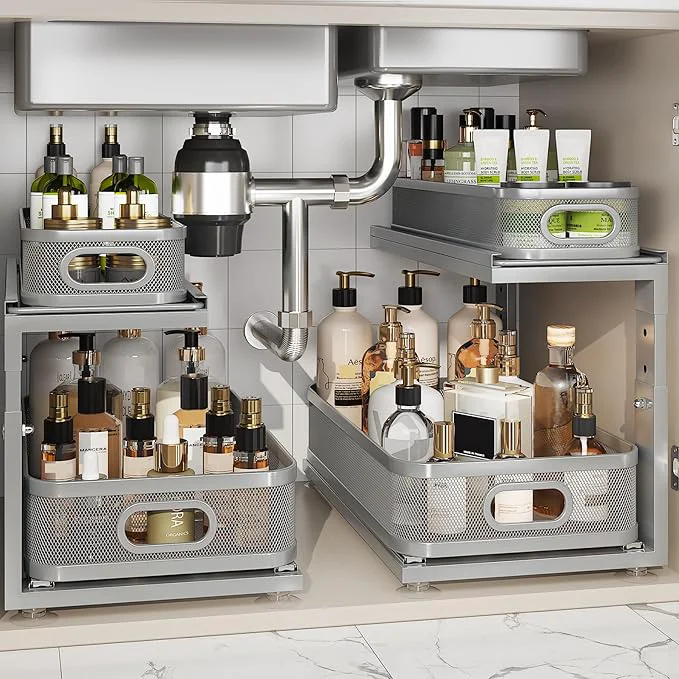 Genuine 2 Pack 18.5IN-Depth Under Sink Organizer With Next-Gen Ball-Bearing Slides 2-Tier Precision Mesh Pull Out Cabinet Storage for Bathroom Kitchen Height Adjustable Drawers Shelf Anti-rust-GreyAbout ThisOverview Specialty