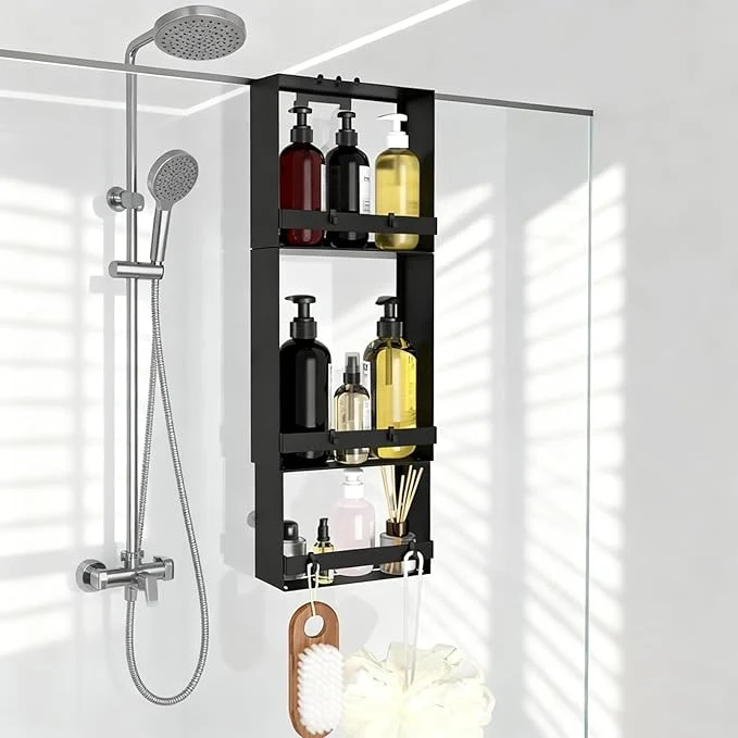 Fine Crafted Over the Door Shower Caddy Hanging 3 Tier Stainless Steel Hanging Shower Caddy with 8 Hooks 4 Suction Cup Bathroom Organizers and Storage Rack Bathroom Decor Shelves Holds Shampoo Towel – BlackAbout ThisOverview Traditional