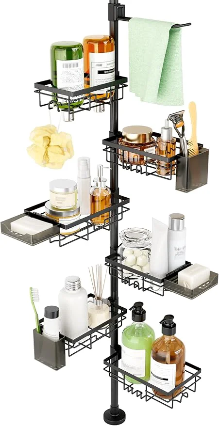 Outstanding Shower Tension Rod Organizer 6 Tier Rustproof Corner Shower Caddy Tension Pole with Soap Holder Hooks Adjustable 30-121 Inch Bathroom Shelf for Renters – Family Stand Storage Rack BlackAbout ThisOverview Safe