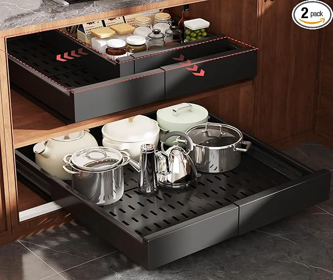 Elite 2 Pack Pull Out Cabinet Organizer Expandable Width 13 -21 and Depth 17 -24 Slide Out Drawers With Raising Pad for Framed Cabinets No Drill Roll Out Shelves for kitchen Bathroom BlackAbout ThisOverview Superior