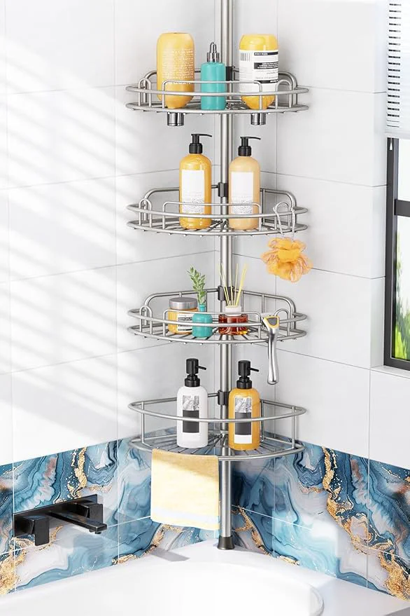 Outstanding HAMITOR Shower Caddy Tension Pole 4-Tier Rustproof Bathroom Corner Shelf Organizer for Renter – No Drill Large Shampoo Storage Rack – Adjustable 47-121 – Space Saving Bathtub Accessory – Silver GrayAbout ThisOverview Long-Lasting