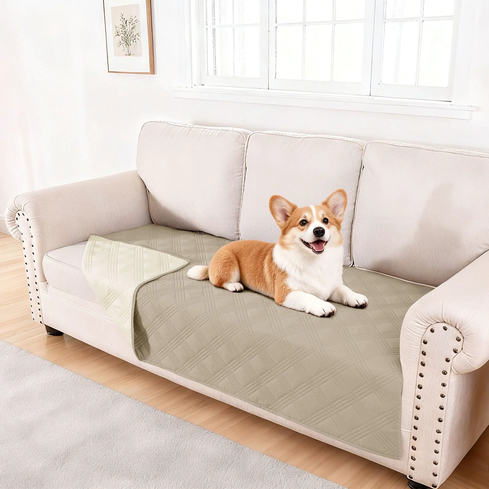 Green hyha Waterproof Dog Blanket – Reversible Washable Sofa Protector 40×70 Taupe Beige Excellent