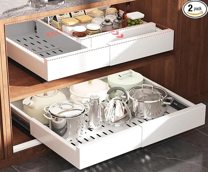 Premium Material 2 Pack Pull Out Cabinet Organizer Expandable Width 13 -21 and Depth 13 -17 Slide Out Drawers With Raising Pad for Framed Cabinets No Drill Roll Out Shelves for kitchen Bathroom WhiteAbout ThisOverview Smooth