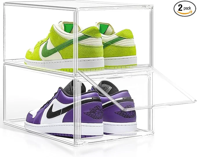 Excellent 2 Pack Drop-Front Clear Shoe Storage Box Acrylic Box Shoe Organizer Size 12 Stackable Shoe Tower with Magnetic Door Storage Cubbies for Sneaker Containers Boot Display Closet OrganizationAbout ThisOverview High-Performance
