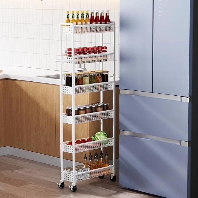First-Class 6 Tier Slim Storage Cart with Wheels 6 D Rolling Storage Cart for Small Space Metal Narrow Spice Cabinet Mobile Shelving Unit Organizer with Handle for Kitchen Laundry – WhiteAbout ThisOverview Smooth