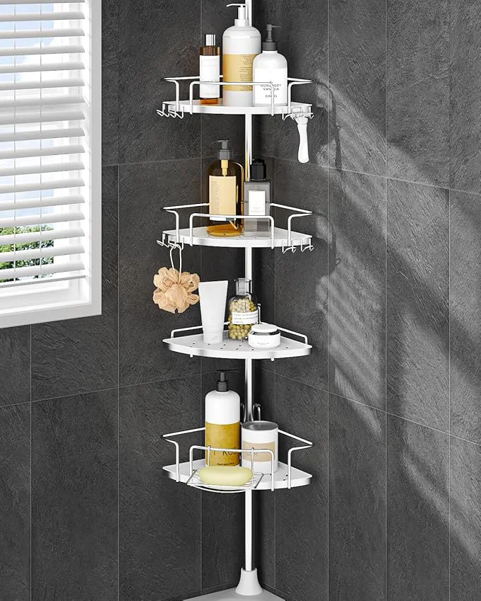 Carefully Designed ALLZONE Corner Shower Caddy Tension Pole 4 Repositionable Hang-On Baskets with Mixed-Height Shelves for Various Bottle Sizes 4 Dual Hooks Soap Holder Rustproof Stainless Steel Fits 34–116 InchAbout ThisOverview High-End