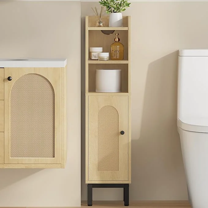 Trendy Bathroom Storage Cabinet Small Corner Floor Cabinet with Door and Shelves Narrow Toilet Paper Holder Bathroom Organizer with Adjustable Shelf for Small Spaces Rattan Yellow BC08202YAbout ThisOverview Top-Quality