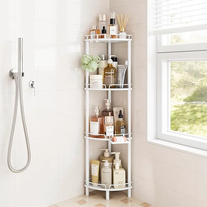Classic ELYKEN Corner Shower Caddy Standing 4 Tier Rustproof Metal Shower Organizer with Soap Holder Floor Shower Corner Shelf Rack Storage Stands with Adjustable Feet 2 Hooks for Bathroom WhiteAbout ThisOverview Lightweight