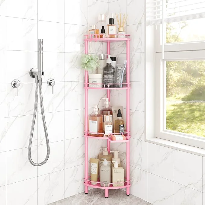 Versatile ELYKEN Corner Shower Caddy Standing 4 Tier Rustproof Metal Shower Organizer with Soap Holder Floor Shower Corner Shelf Rack Storage Stands with Adjustable Feet 2 Hooks for Bathroom PinkAbout ThisOverview Optimized
