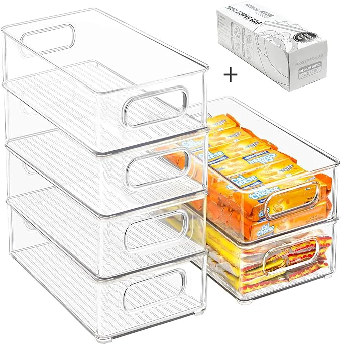 Reliable Stackable Refrigerator Organizer Bins 6 Pack Clear Kitchen Organizer Container Bins with Handles and 20 PCS Plastic Bags for Pantry Cabinets Shelves Drawer zer – Food Safe BPA 10 LAbout ThisOverview Secure
