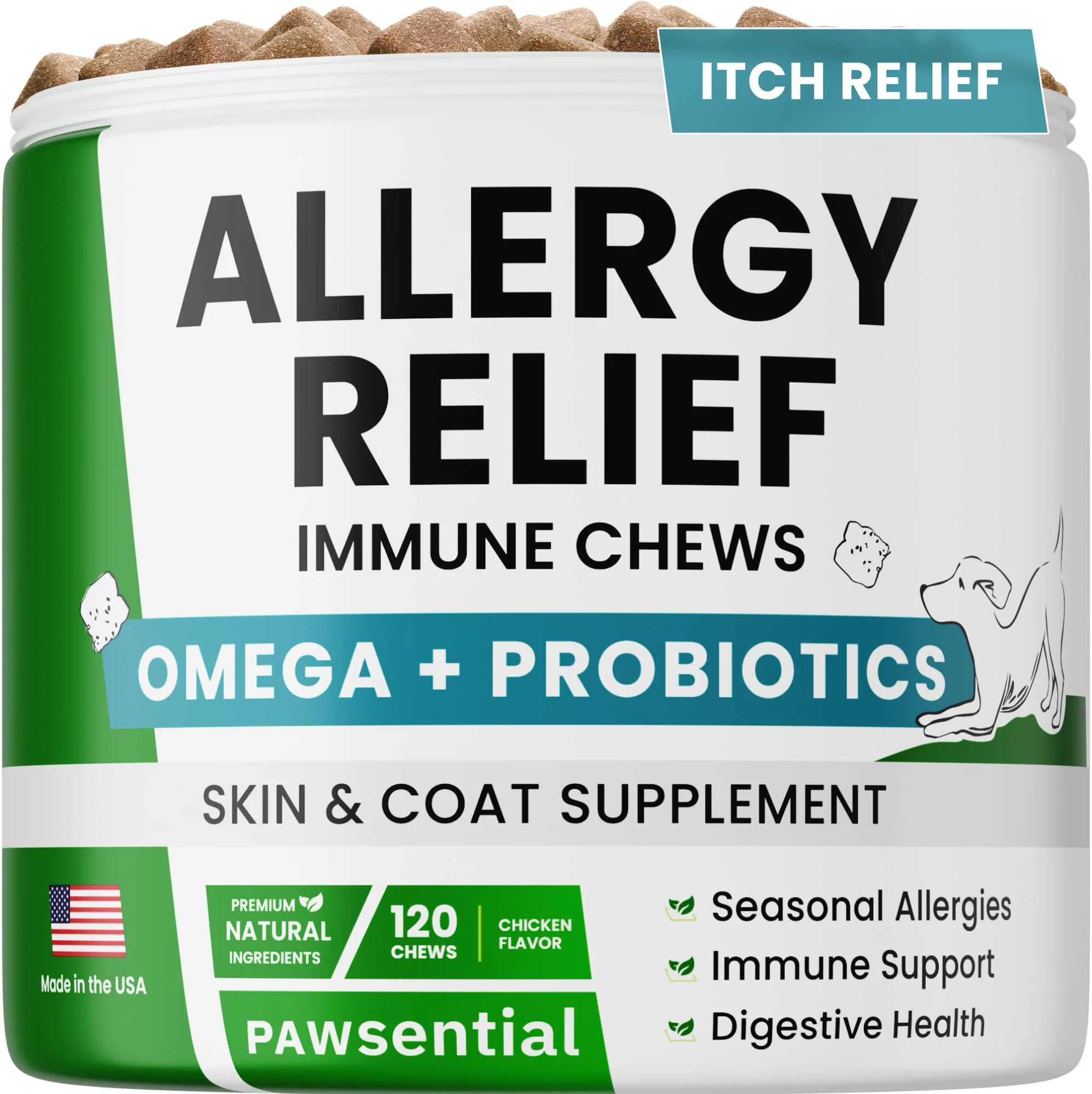 Organic PAWSential Allergy Relief Dog Chews – Itchy Skin Probiotics Omega-3 120 Ct Fine Crafted