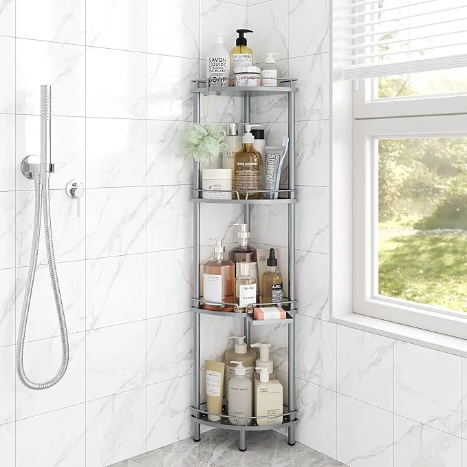 Organic ELYKEN Corner Shower Caddy Standing 4 Tier Rustproof Metal Shower Organizer with Soap Holder Floor Shower Corner Shelf Rack Storage Stands with Adjustable Feet 2 Hooks for Bathroom SilverAbout ThisOverview Effective