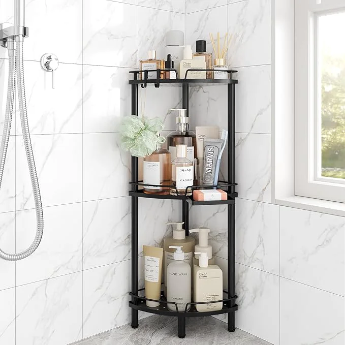 Breathable ELYKEN Corner Shower Caddy Standing 3 Tier Rustproof Metal Shower Organizer with Soap Holder Floor Shower Corner Shelf Rack Storage Stands with Adjustable Feet 2 Hooks for Bathroom BlackAbout ThisOverview Classic