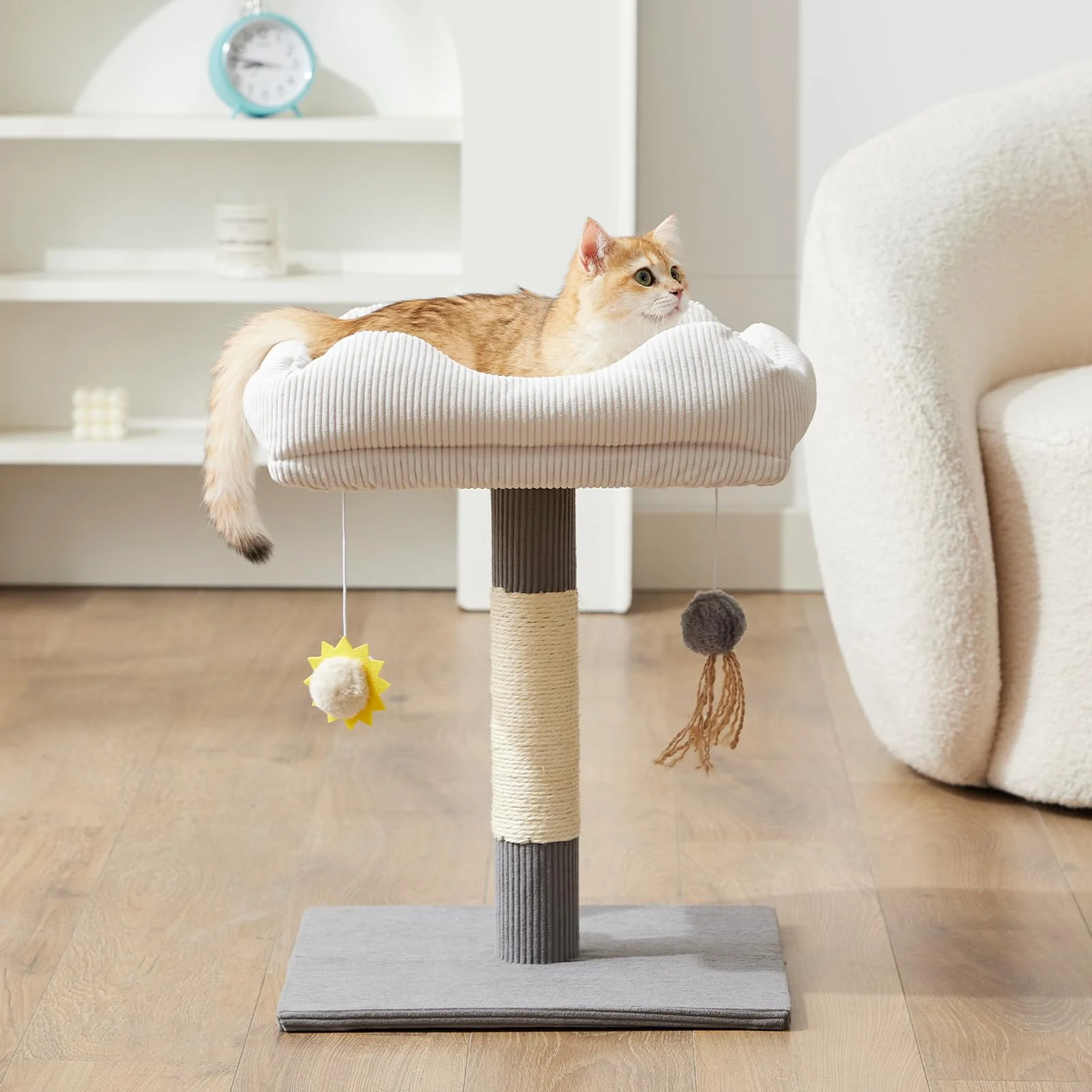 Fine Crafted Gardner Pet 20-inch Corduroy Cat Tree — Solid Wood Small Tower with Removable Bed Sisal Scratching Hanging Toys Grey Genuine