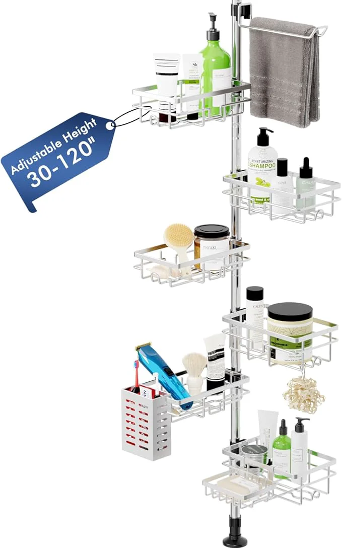 Organic Shower Caddy Corner Tension Pole Stainless Steel Rustproof 6 Shelves Bathroom Organizer with Towel Bar Toothbrush Holder Adjustable Shower Shelf for Renters – Family Stand Storage RackAbout ThisOverview Comfortable