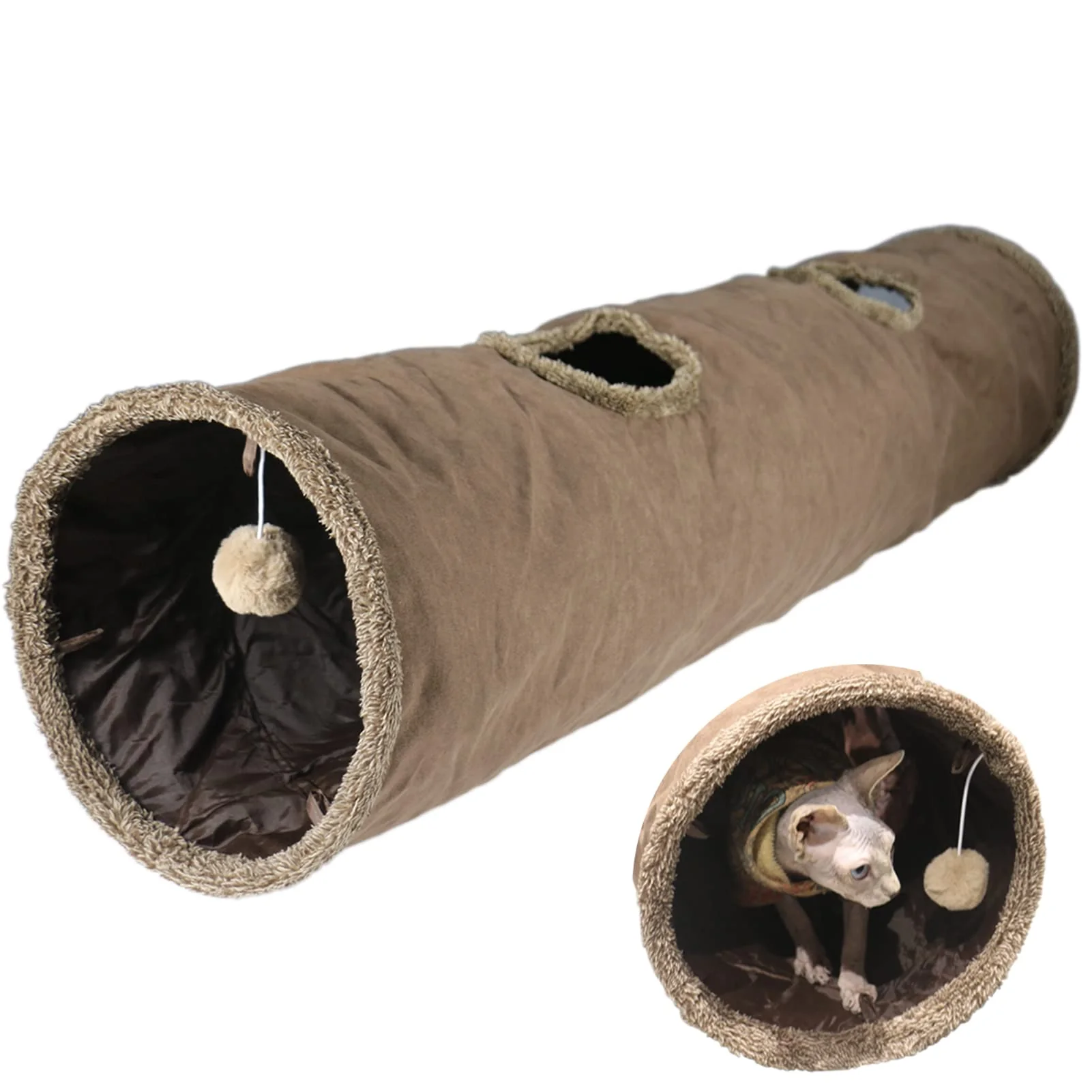 Natural Terunat Cat Tunnel 51x12in Foldable Brown Suede – Two Peepholes Bubble Ball Contemporary