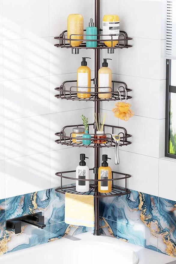 Flexible HAMITOR Shower Caddy Tension Pole 4-Tier Rustproof Bathroom Corner Shelf Organizer for Renters – No Drill Large Shampoo Storage Rack Adjustable 47-121 Inch – Space Saving Bathtub Accessory – BronzeAbout ThisOverview Elite
