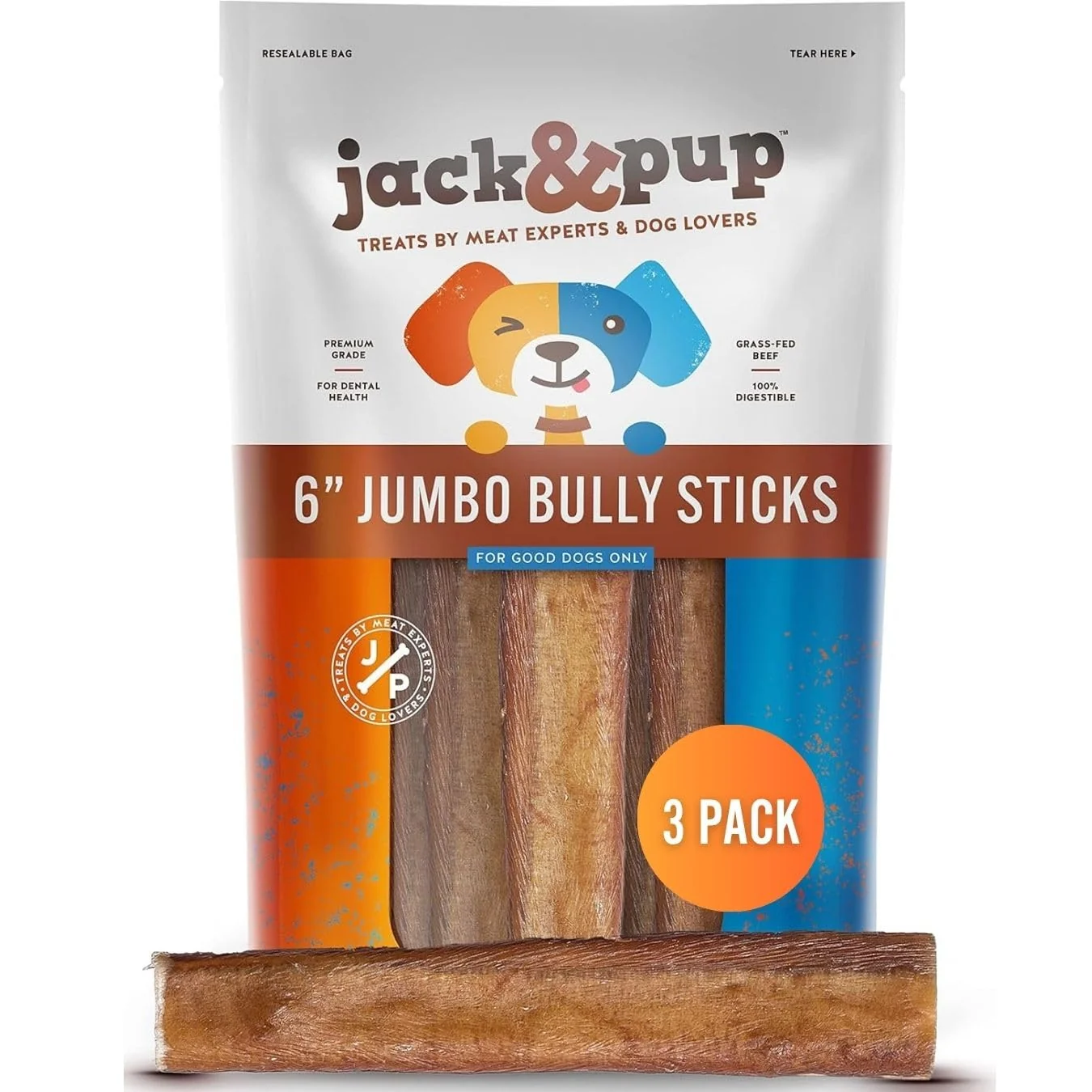 Eco-Friendly Jack Pup 6-Inch Jumbo Bully Sticks – 3 Pack for Large Dogs Aggressive Chewers Breathable
