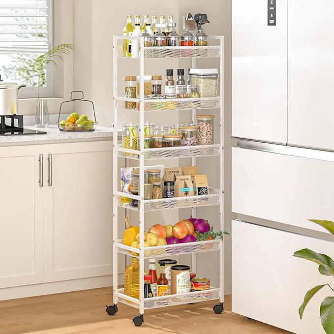 Carefully Designed 6 Tier Slim Rolling Storage Cart Narrow Mobile Shelving Unit Organizer Utility Cart with Wheels Metal Wire Storage Rack with Baskets for Kitchen Bathroom Laundry Living Room 10in W WhiteAbout ThisOverview Optimized