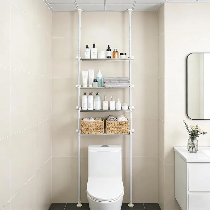 Solid 4 Tier Over The Toilet Storage 97-116 Over Toilet Bathroom Organizer with Adjustable Shelf Slim Behind Toilet Shelf for Toilet Paper Towel Plants White About ThisOverview Prestigious