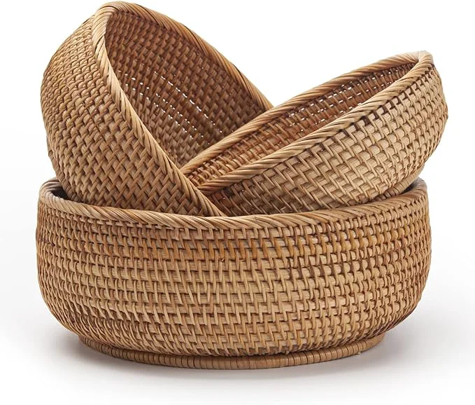Fashionable Round Rattan Fruit Baskets Woven Storage Bowls Key Holder Stackable for Shelf Kitchen Tabletop Natural Set of 3About ThisOverview Trendy