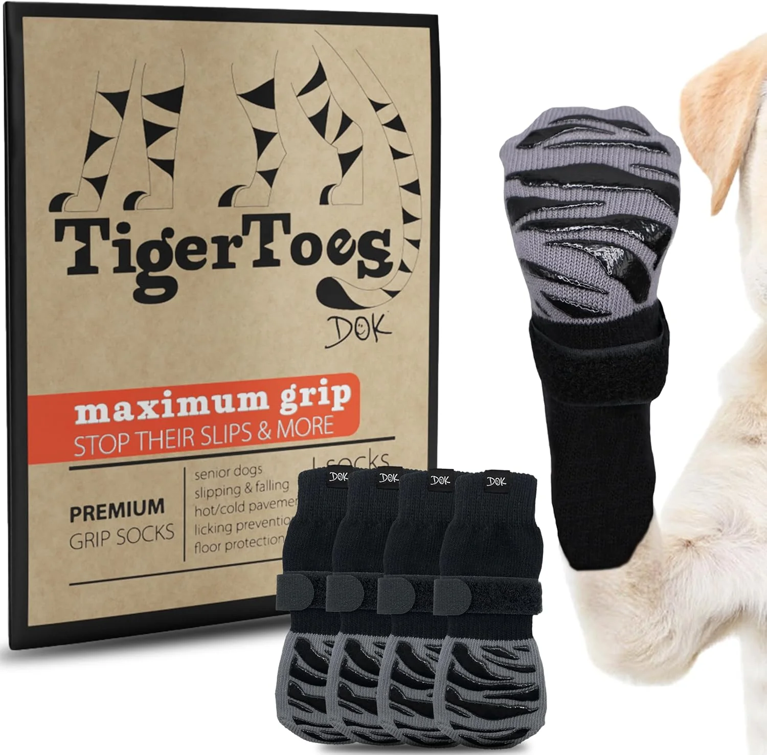 Effective DOK TigerToes Premium Non-Slip Dog Socks for Hardwood Floors – Extra-Thick Grip That Works Even When Twisted – Prevents Licking Slipping and Great for Dog Paw Protection – Size Large Verified