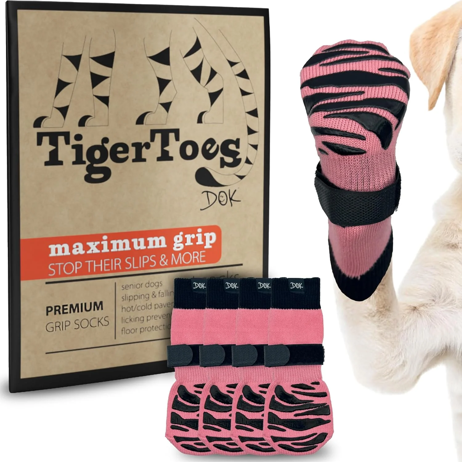 Crafted DOK TigerToes Premium Non-Slip Dog Socks for Hardwood Floors – Extra-Thick Grip That Works Even When Twisted – Prevents Licking Slipping and Great for Dog Paw Protection Sassy Pink X-Large Fast