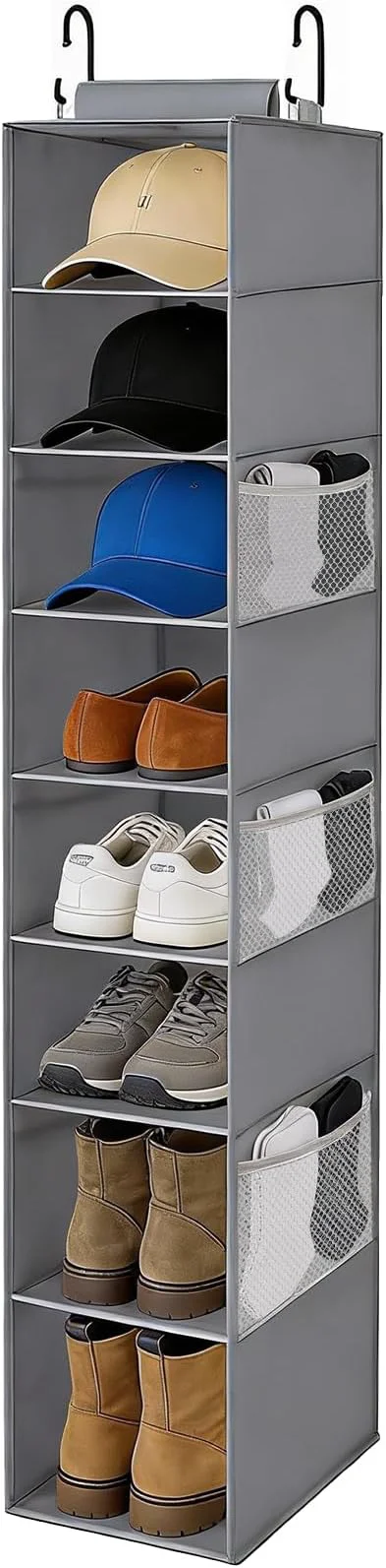 Superior VERONLY Hanging Shoe Organizer for Closet 8-Shelf Hanging Storage with Side Mesh Pockets Wider Shelves for Baseball Caps Clothes 9 W × 11.8 D × 54 H GreyAbout ThisOverview Clean