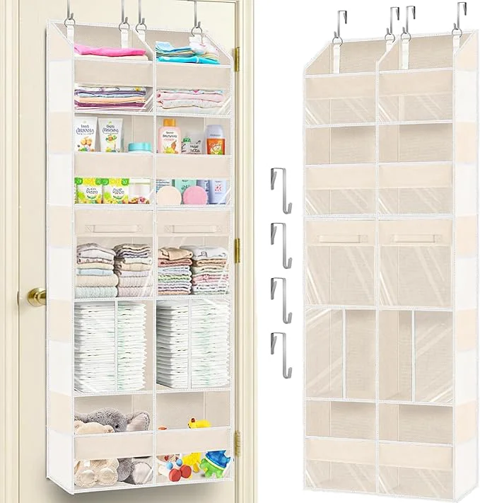 Environmentally Friendly Over the Door Organizer 5 Tiers with Removable Drawers Extra Large Door Storage of 6 Compartments 2 Diaper Storage Double-Column Clear Window Door Hanging Organizer for Nursery Closet PantryAbout ThisOverview Relaxed