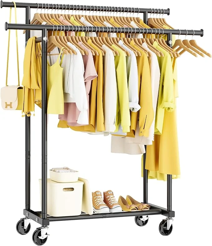 Fine Double Rods Clothes Rack Rolling Clothing Rack for Hanging Clothes Portable Wardrobe Rack Metal Garment Rack Sturdy Coat Rack for Bedroom Laundry Living Room BlackAbout ThisOverview Clean