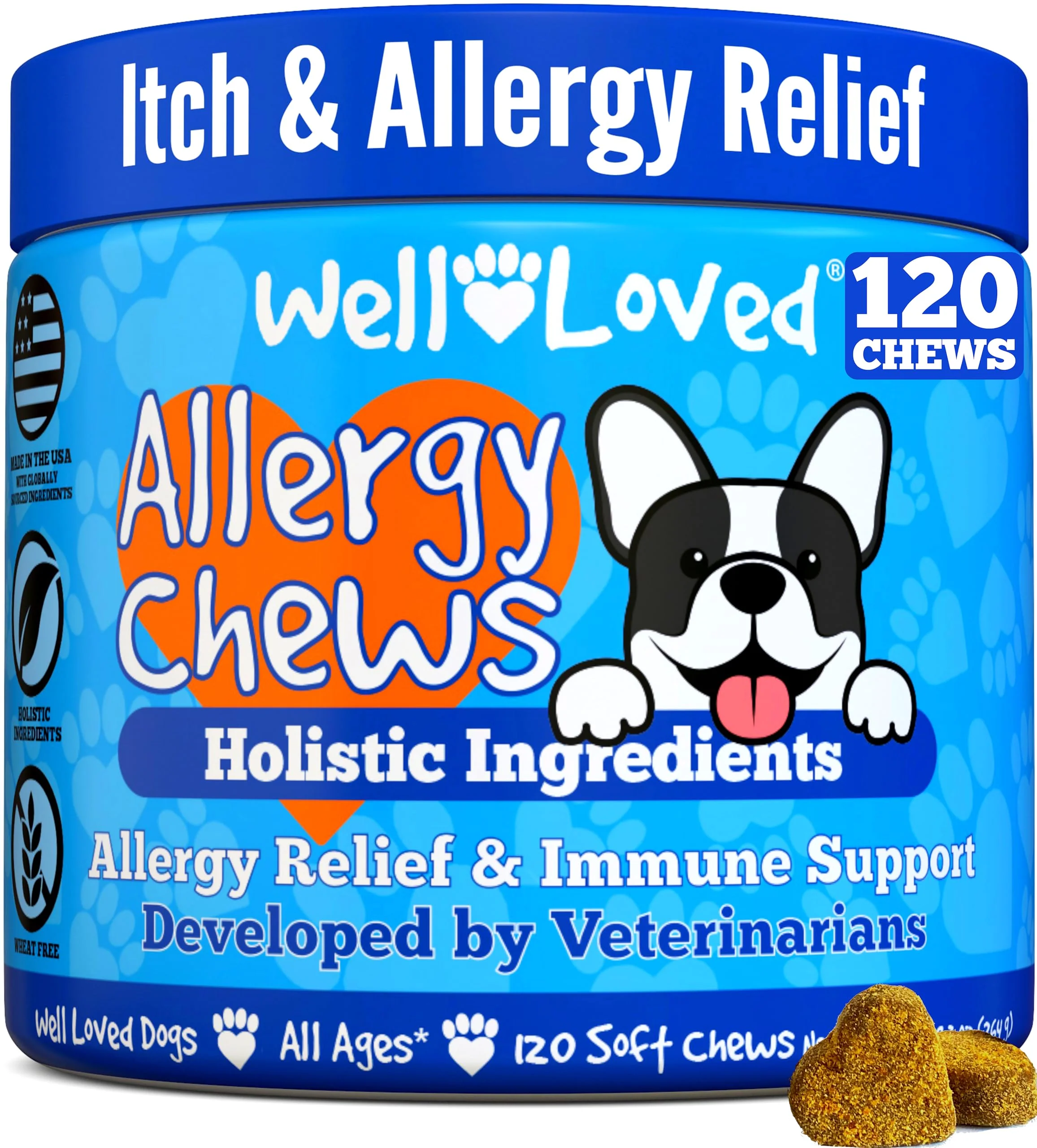 Top-Quality Well Loved Dog Allergy Chews — Vet Developed Itch Relief Hot Spot Support Made in USA 120 Chews Quality