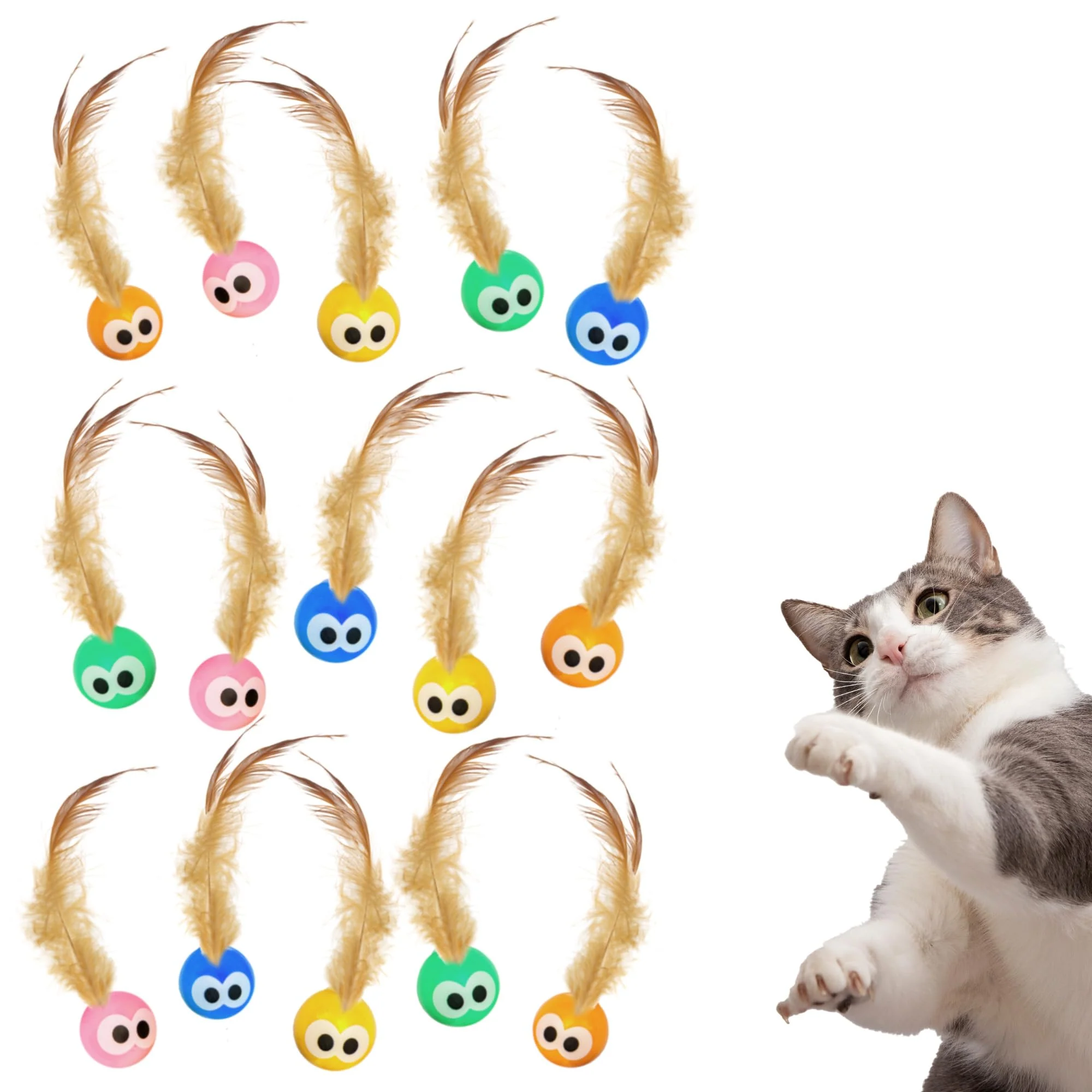 High-End Bouncy Tails 15-Pack Cat Ball Toy with Natural Feathers — Interactive Indoor Cat Toys for Kittens Adults Fast
