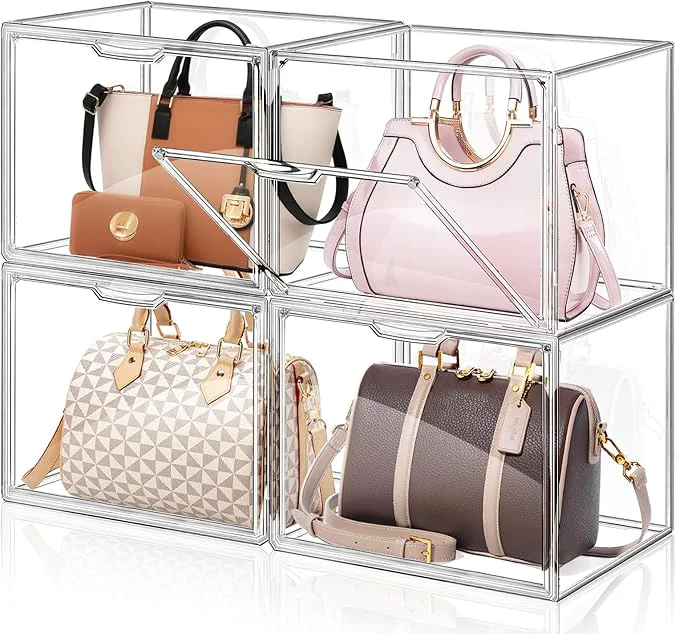 Advanced 4 Packs Clear Handbag Storage Organizer for Closet Acrylic Display Case for Purse Handbag Stackable Purse Organizer Storage Box with Magnetic Door for Wallet Book Toys CollectiblesAbout ThisOverview Minimalist